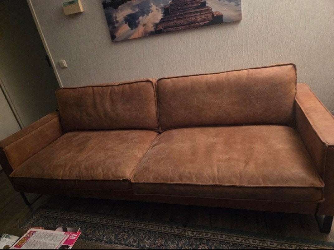 Bruine leren bank en poef, Ophalen, 125 cm of meer, Modern, Industrieel, Leer