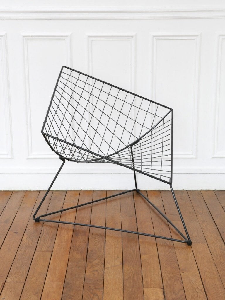 Vintage Ikea Oti fauteuil Niels Gammelgaard zwart draadstaal, Gebruikt, 75 tot 100 cm, Ophalen of Verzenden, Metaal