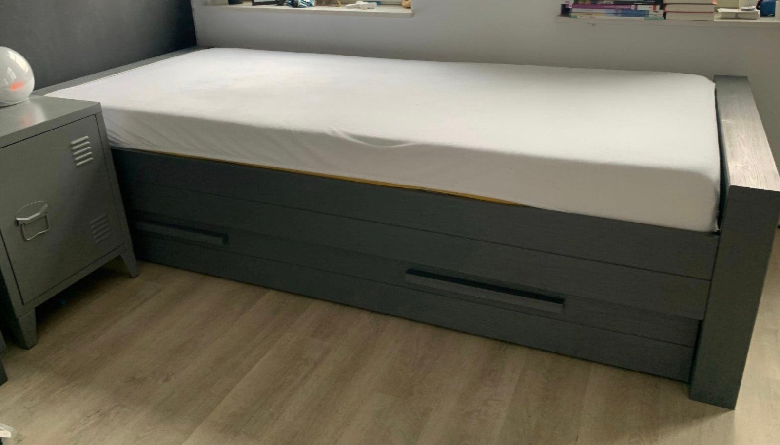 Woood bed Dennis grijs met lade, 85 tot 100 cm, Gebruikt, 180 cm of meer, Ophalen