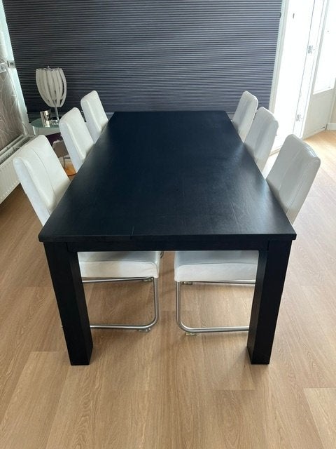 Zwarte eettafel 210x100 cm + 6 witte leren stoelen, Ophalen, Gebruikt, 200 cm of meer, 50 tot 100 cm