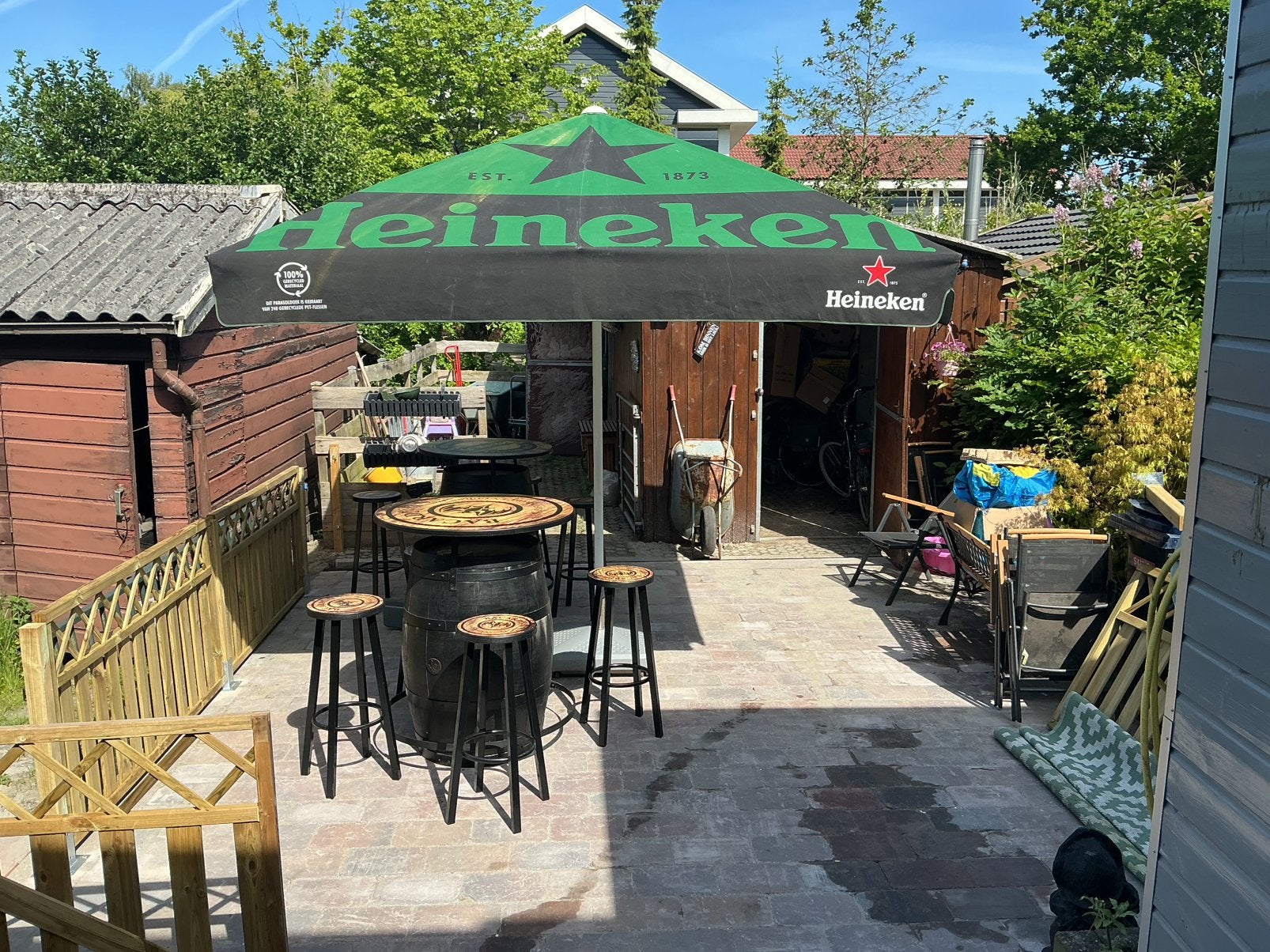 Tk heineken parasol 3x3 meter zie foto,s, Ophalen, Zo goed als nieuw, Waterdicht, Stokparasol