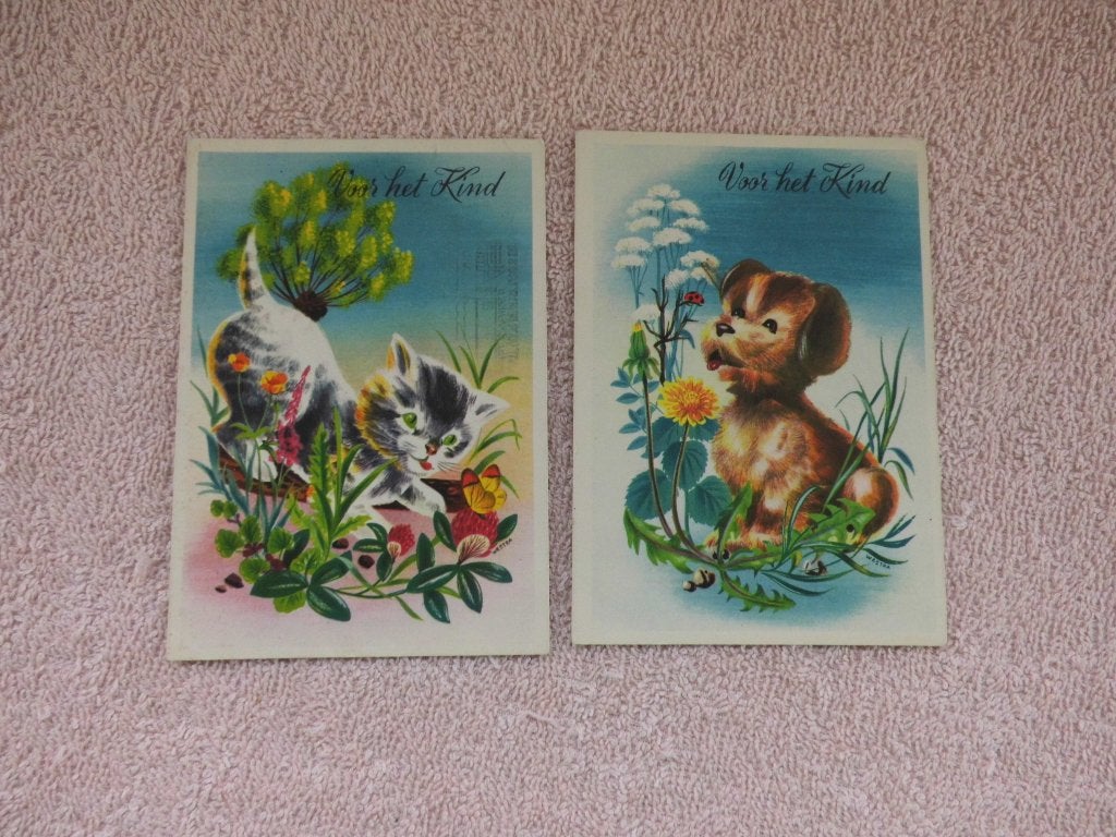 Vintage Ansichtkaarten: Katje en Hondje 'Voor het Kind', Verzamelen, Ophalen of Verzenden, 1940 tot 1960, Gelopen, Hond of Kat