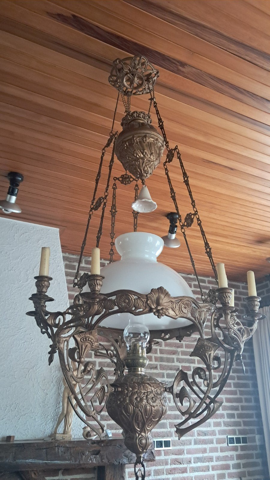 Antieke bronzen kroonluchter met olielamp en kaarsen, Antiek en Kunst, Ophalen