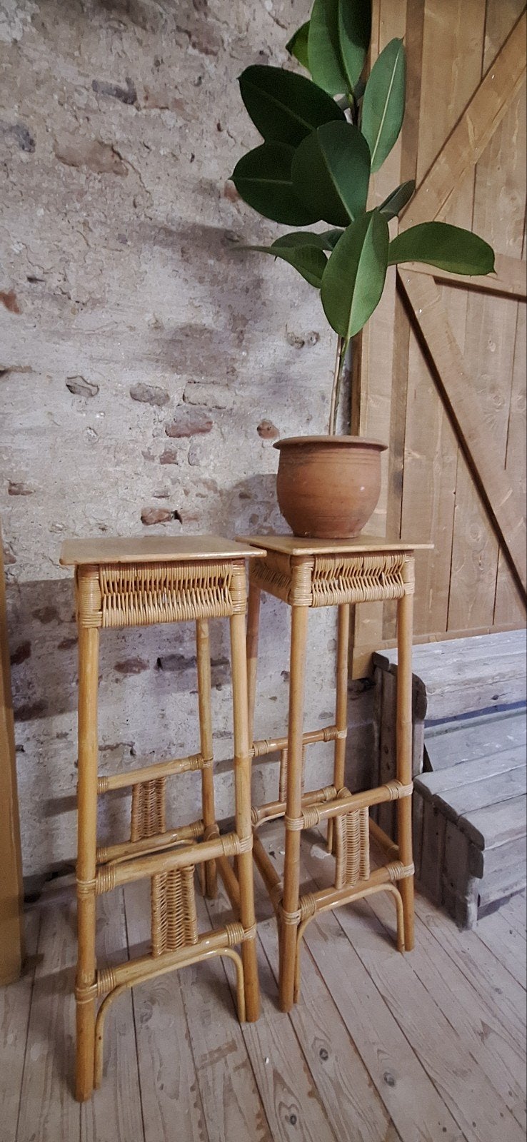 1 vintage bamboe plantentafels/bijzettafels, Ophalen, Minder dan 55 cm, Vintage, Boho, Natuurlijk, Zo goed als nieuw