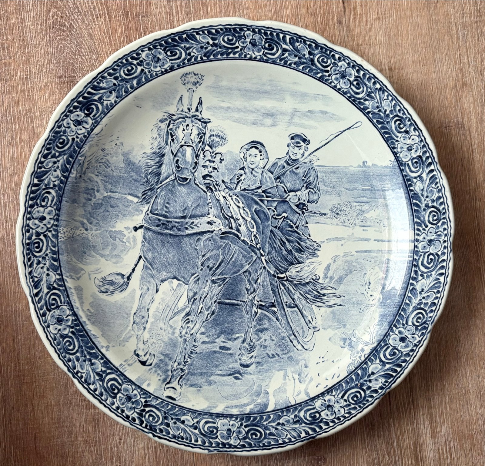 Antiek Boch Delfts Blauw Wandbord - Paard en Wagen, Ophalen