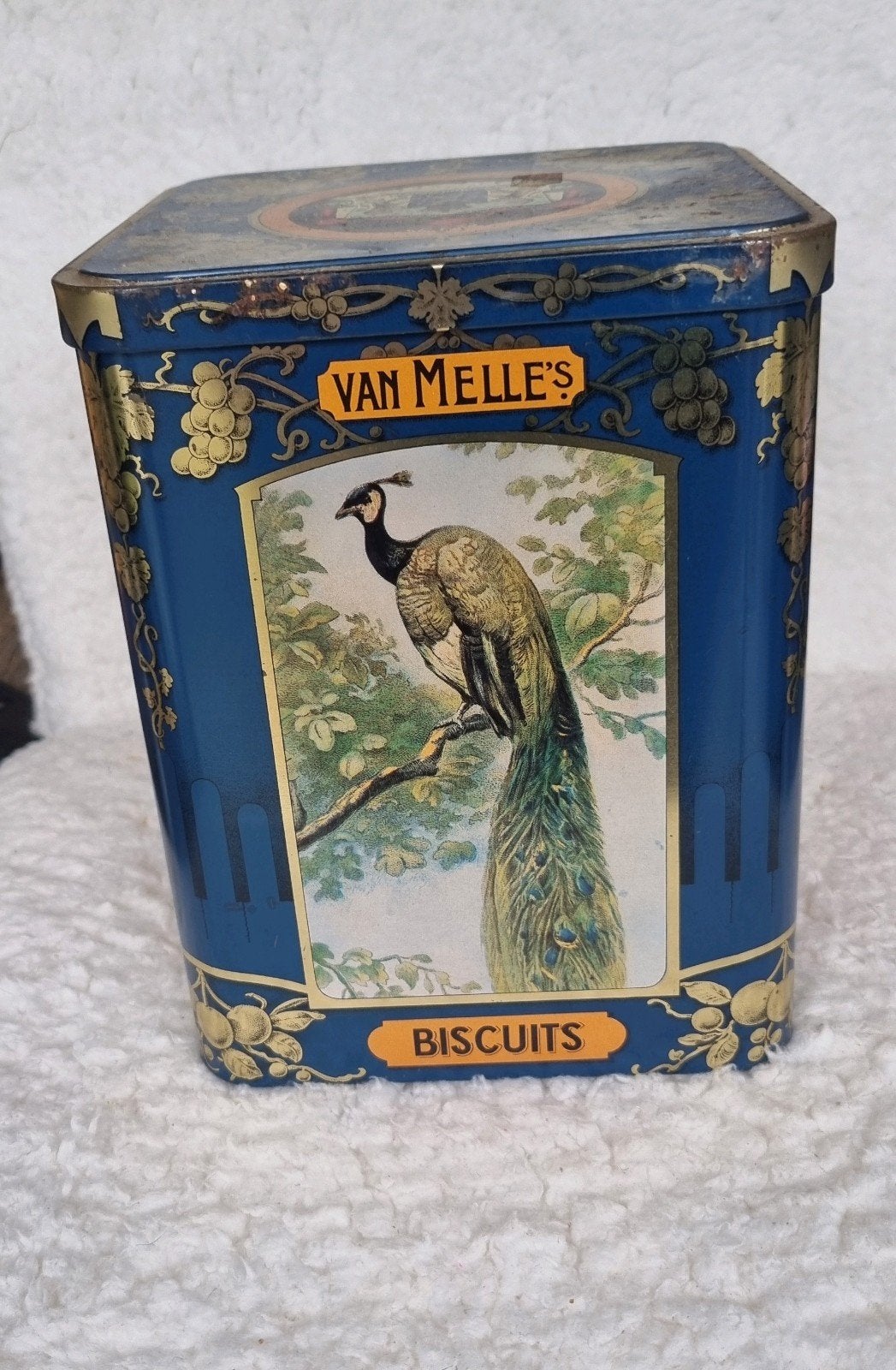 Oude blik van melle biscuits. Met vogel afbeelding, Ophalen of Verzenden, Gebruikt, Koek(jes), Overige merken