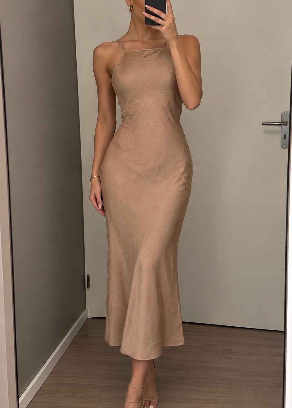 Champagne goud midi silk dress jurk, open rug, maat 38, H&M, Kleding | Dames, Maat 38/40 (M), H&M, Verzenden, Zo goed als nieuw