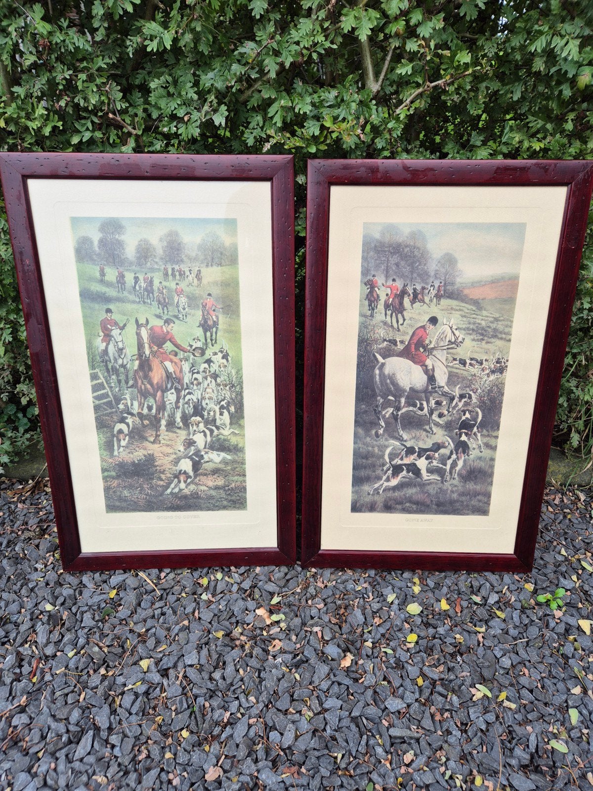 Set van 2 ingelijste jachttaferelen, Antiek en Kunst, Ophalen, 1950 - 1999, Overige technieken, Ingelijst