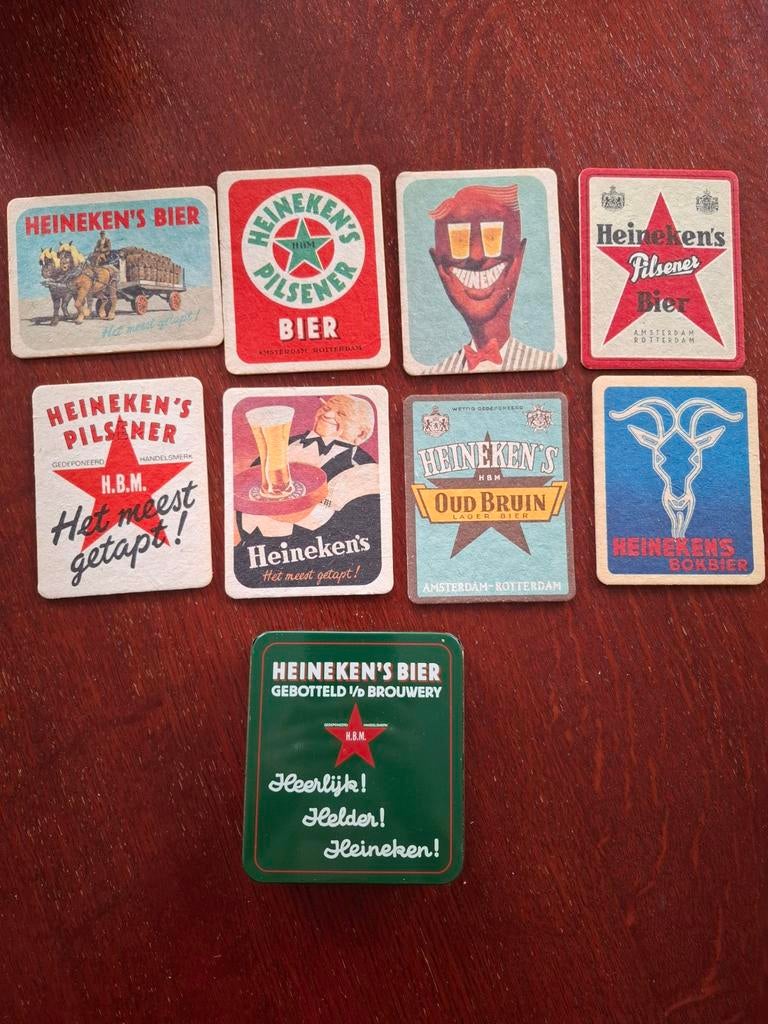 Blikje met diverse Heineken viltjes, Verzamelen, Ophalen of Verzenden, Nieuw, Viltje(s), Heineken