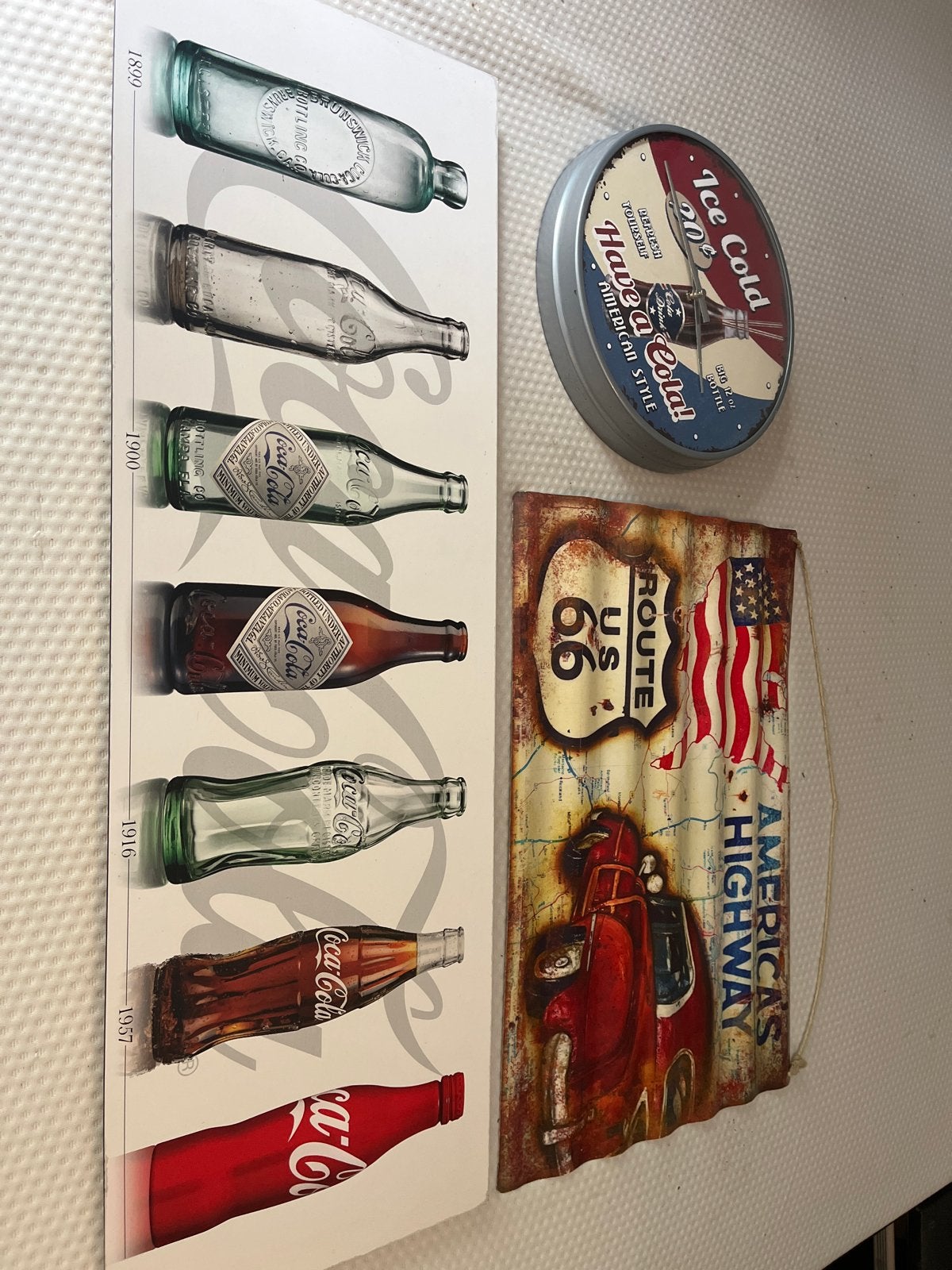 Coca-Cola wandklok en Route 66 wanddecoratie, Ophalen, Analoog, Werkt op batterijen, Retro