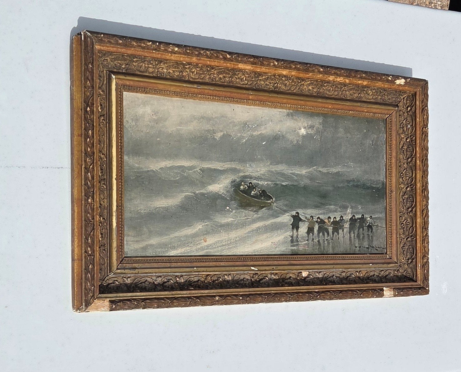 Oud antiek brocante goudkleurige lijst schilderij zee mensen, Ophalen of Verzenden