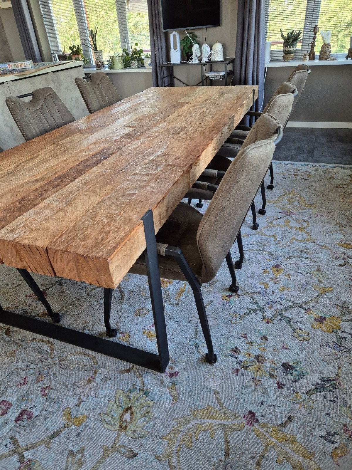 Oude Teak Eettafel (100x250x79cm) met 6 mosgroene stoelen, Huis en Inrichting, Ophalen, Gebruikt, 100 tot 150 cm, Teakhout