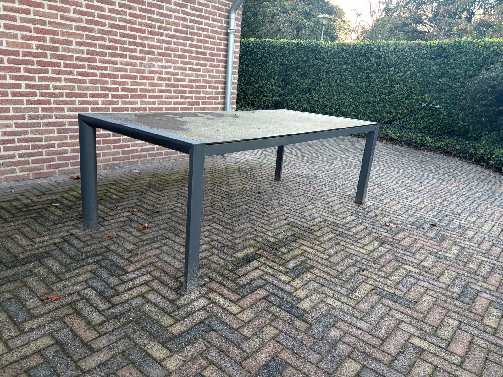 Tuintafel met stenen blad en aluminium poten, Ophalen, Gebruikt, Rechthoekig, Aluminium