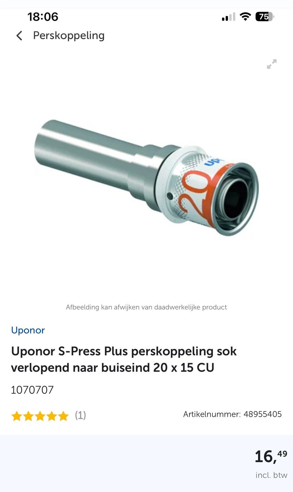 Uponor S-Press Plus pers sok verlopend —> buiseind 20x15 CU, Ophalen, Nieuw, Overige typen
