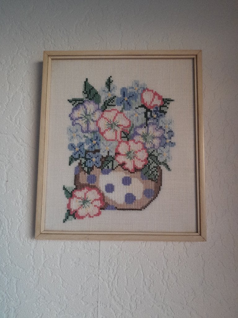 Geborduurd schilderijtje bloemen, Ophalen of Verzenden, Achter glas, 21 cm, 24 cm