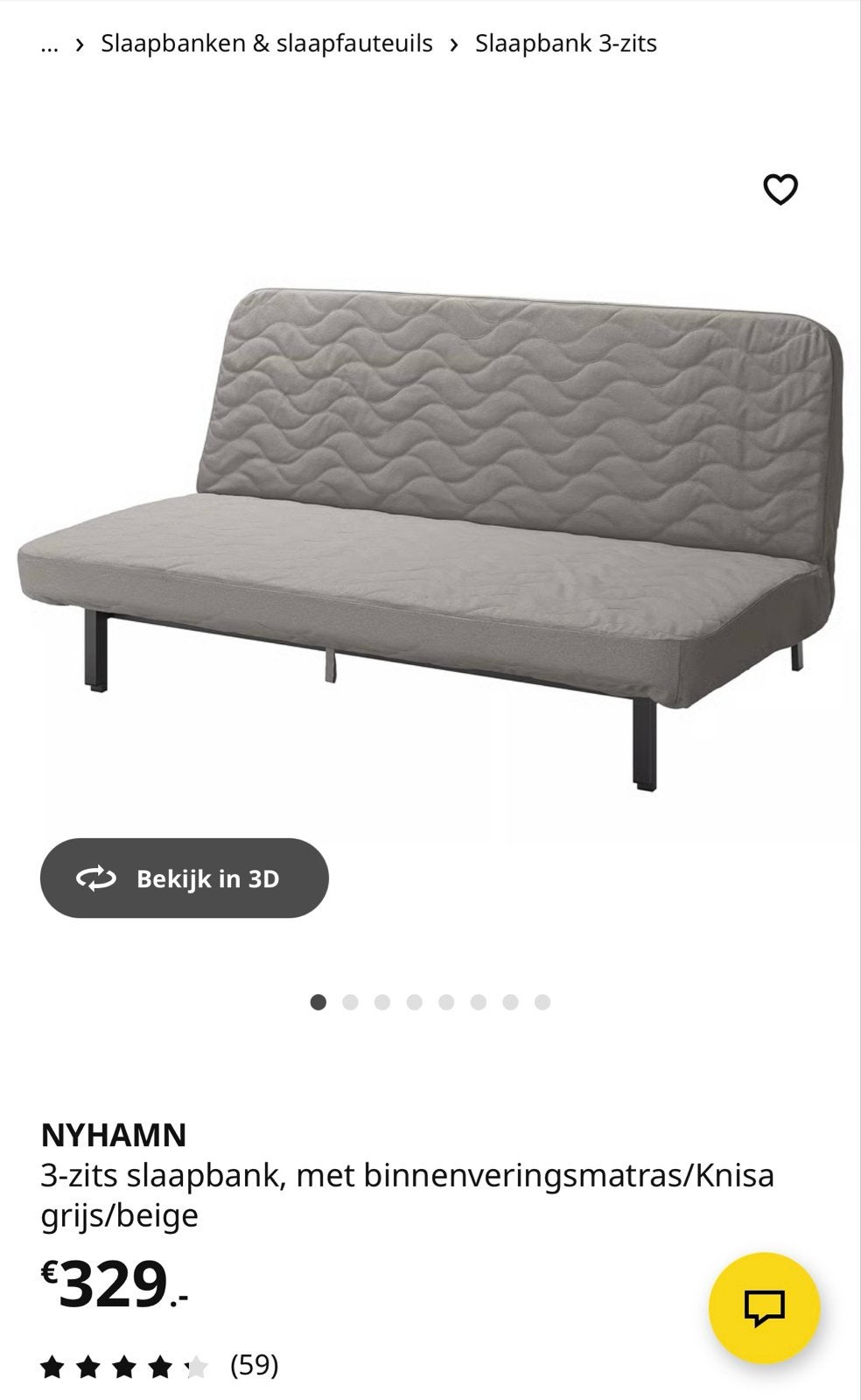 Ikea NYHAMN 3-zits slaapbank met hoes, Ophalen, Gebruikt, Beige, Tweepersoons