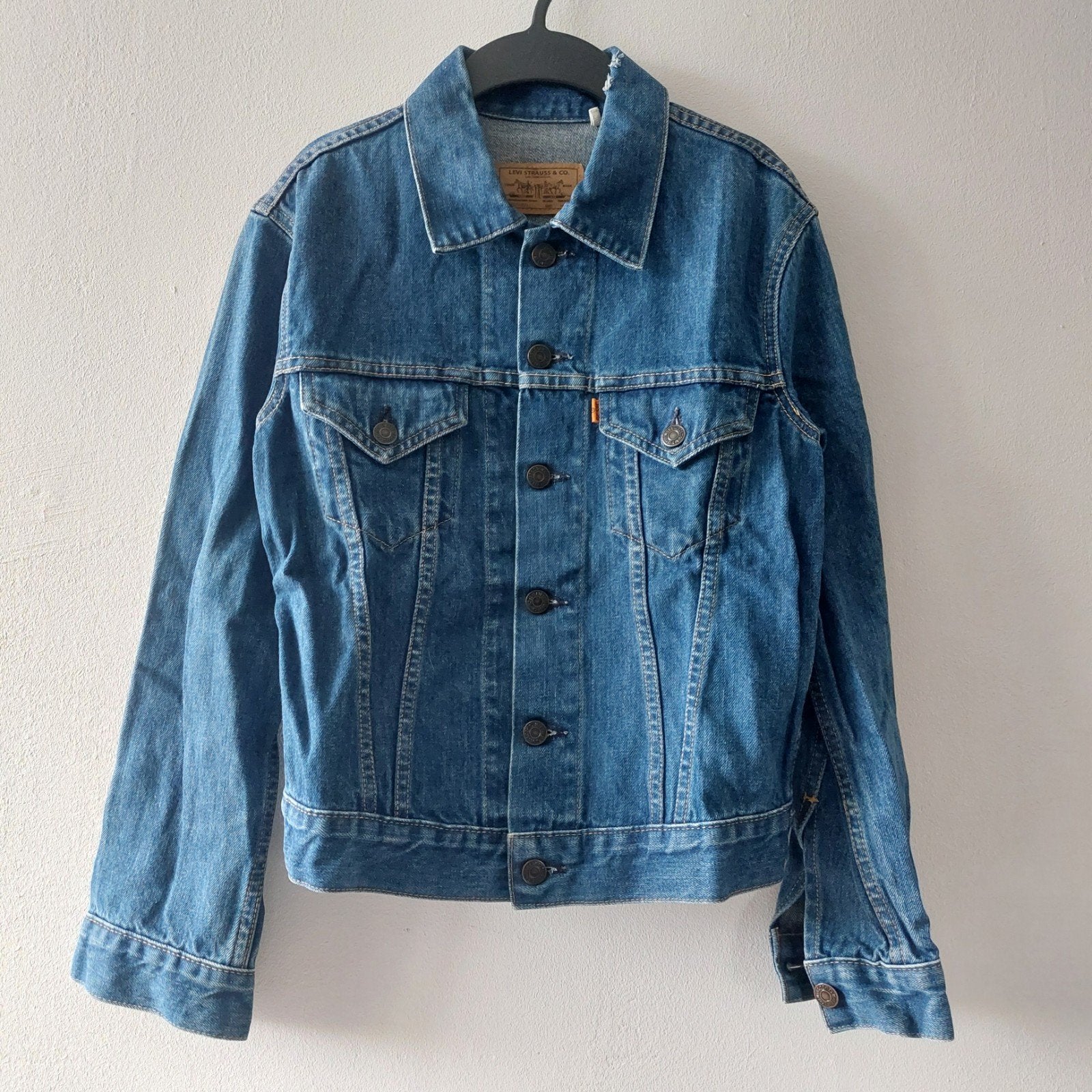 Levis Vintage Clothing USA Orange tab denim jacket, Maat 38/40 (M), Blauw, Ophalen of Verzenden, Gedragen