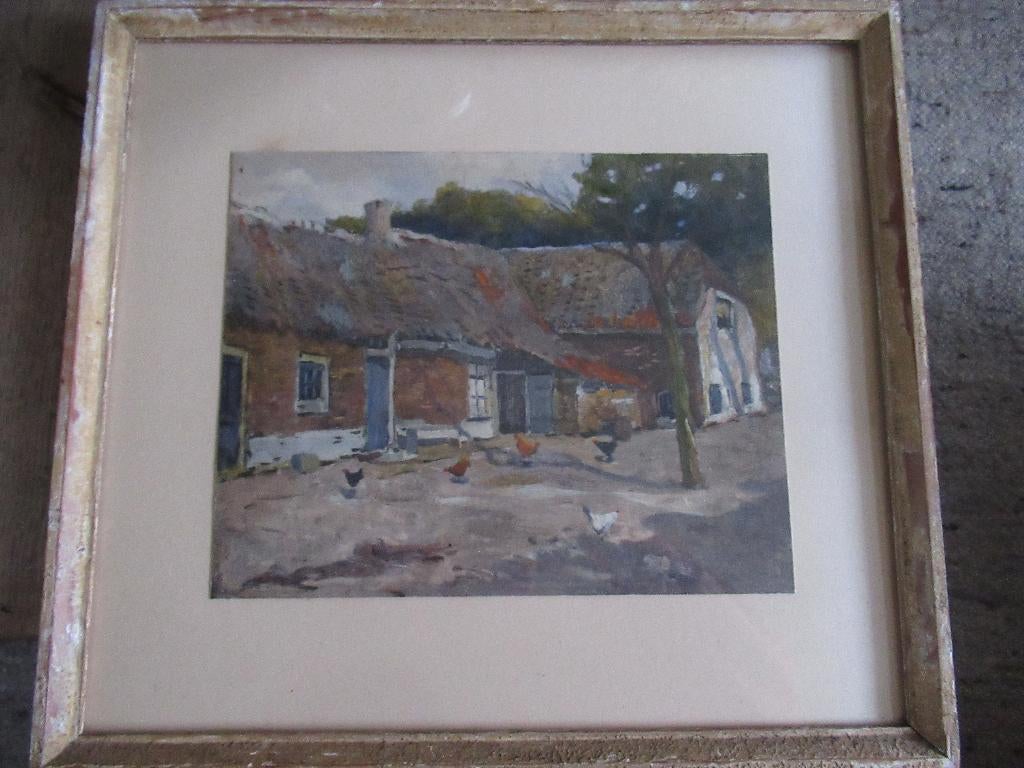 landelijk tafereeltje kippen bij oude boerderij, Ophalen of Verzenden