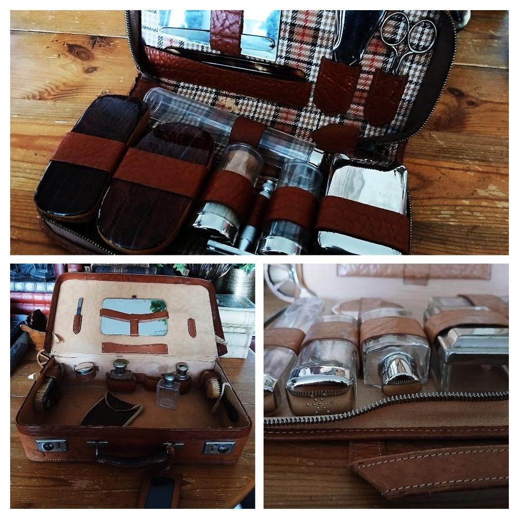 Vintage scheerset barberset reis toiletset leer koffer etui, Ophalen of Verzenden
