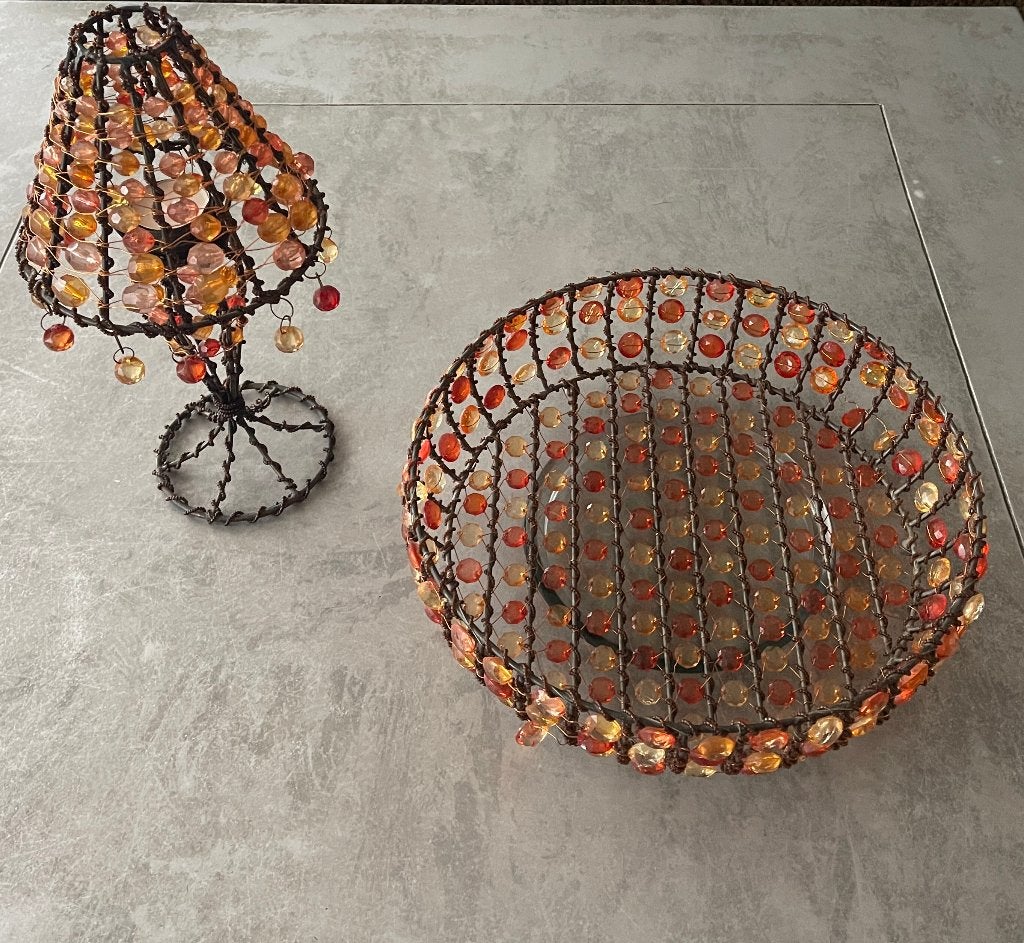 Vintage lampje voor waxinelichtje en schaal, oranje stenen, Ophalen of Verzenden, Gebruikt, Oranje, Waxinelichthouder