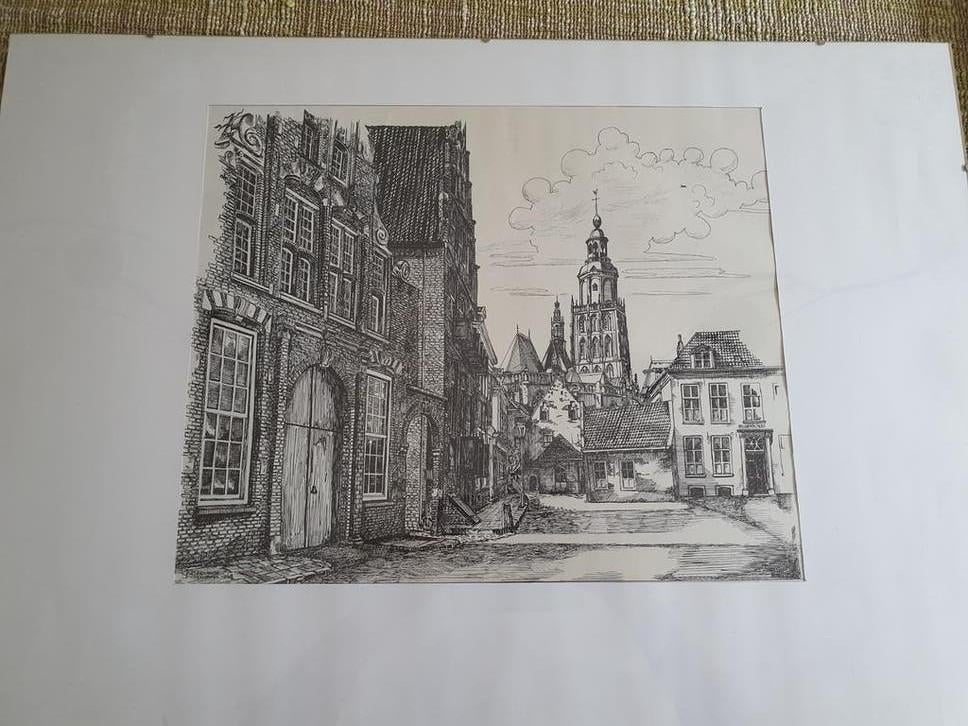 Pentek Gien Brouwer Zutphen Pelikaanstraat Walburgiskerk, Antiek en Kunst, Kunst | Tekeningen en Foto's, Ophalen