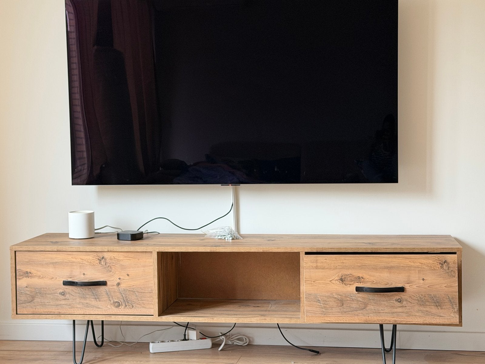 TV-meubel met lades en open vakken, Ophalen, Gebruikt, 100 tot 150 cm, Minder dan 100 cm