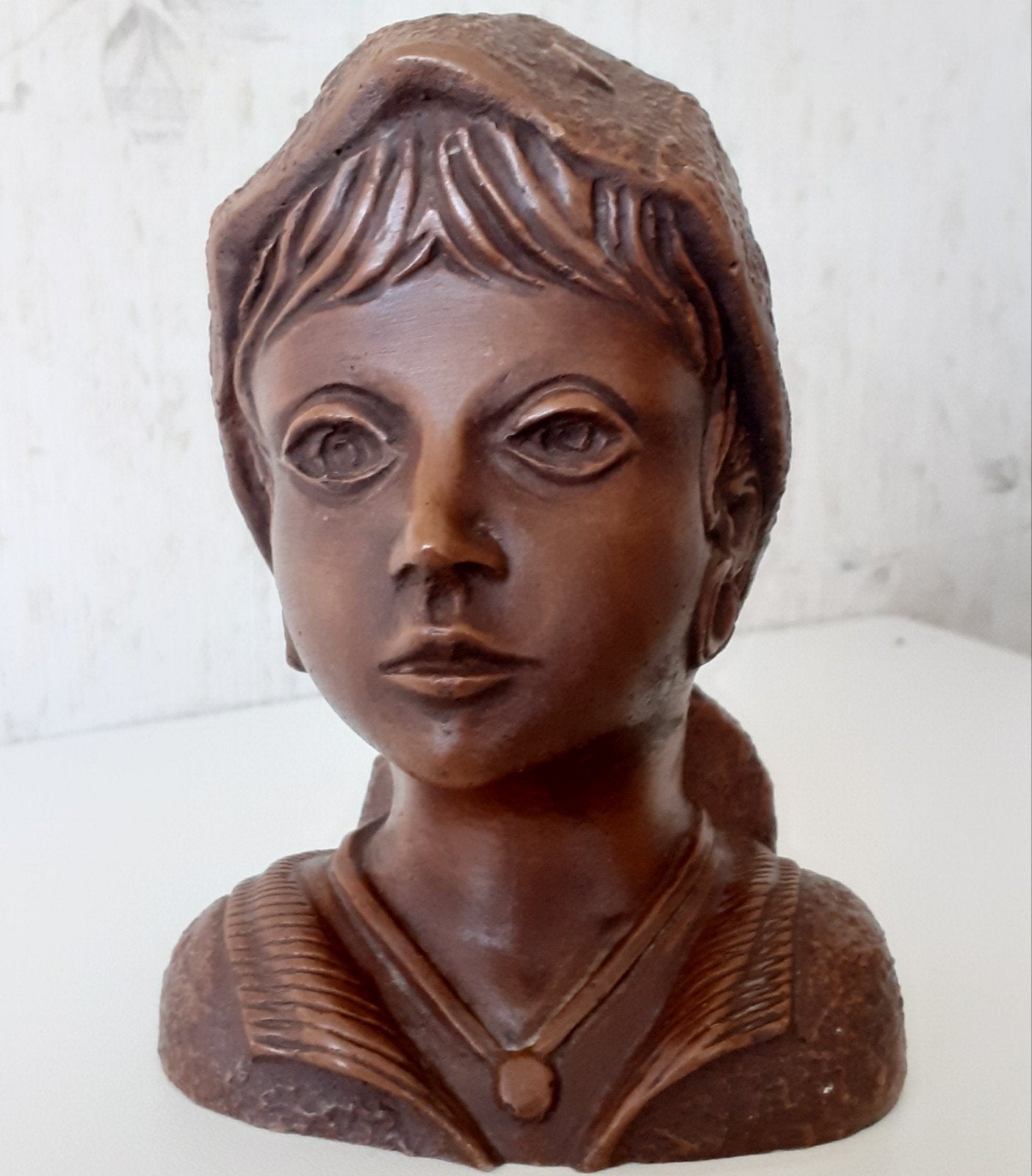 meisje en jongen hoofd met merk, Ophalen of Verzenden, Minder dan 20 cm, Bruin