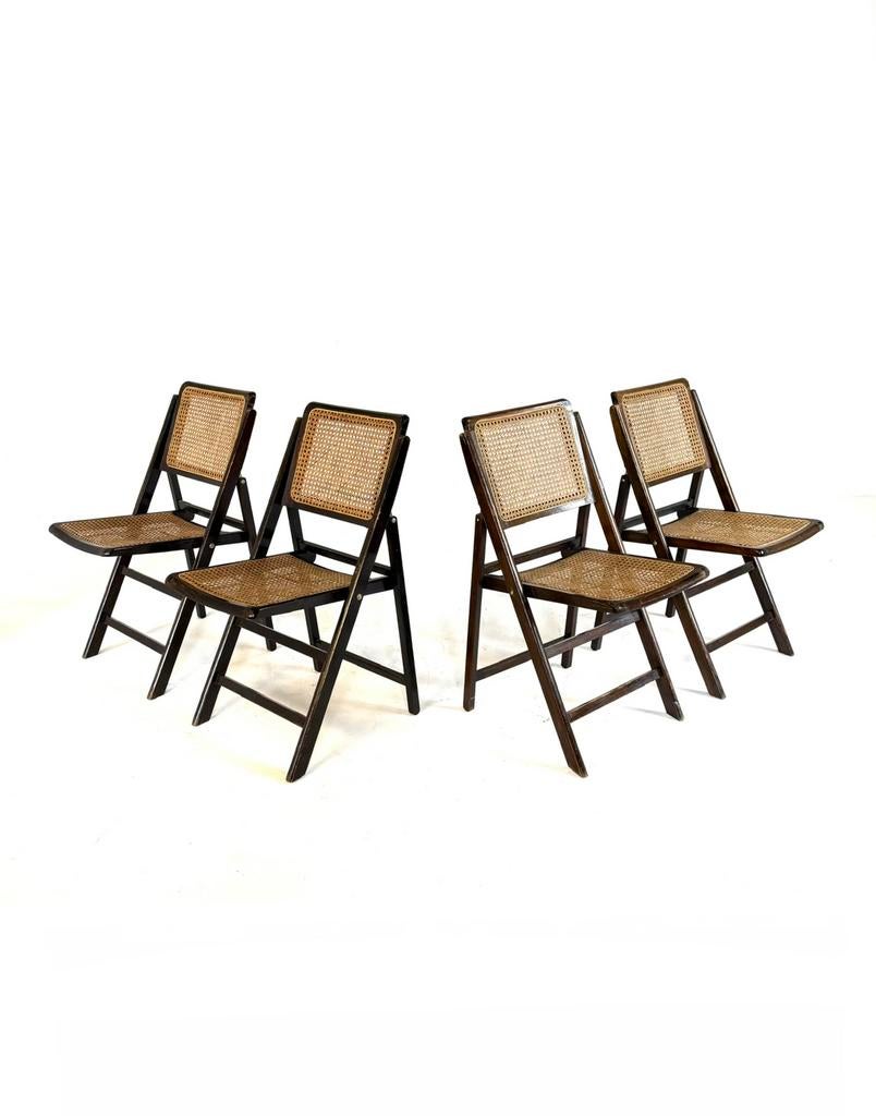 Set van 4 vintage webbing klapstoelen, Italië ‘60, Zo goed als nieuw, Vier, Vintage retro buisframe design rotan webbing papercord deens