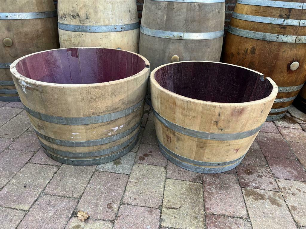 Halve eiken wijnvat plantenbak bloembak 112,5 liter, Ophalen, Minder dan 60 cm, Rond, Zo goed als nieuw