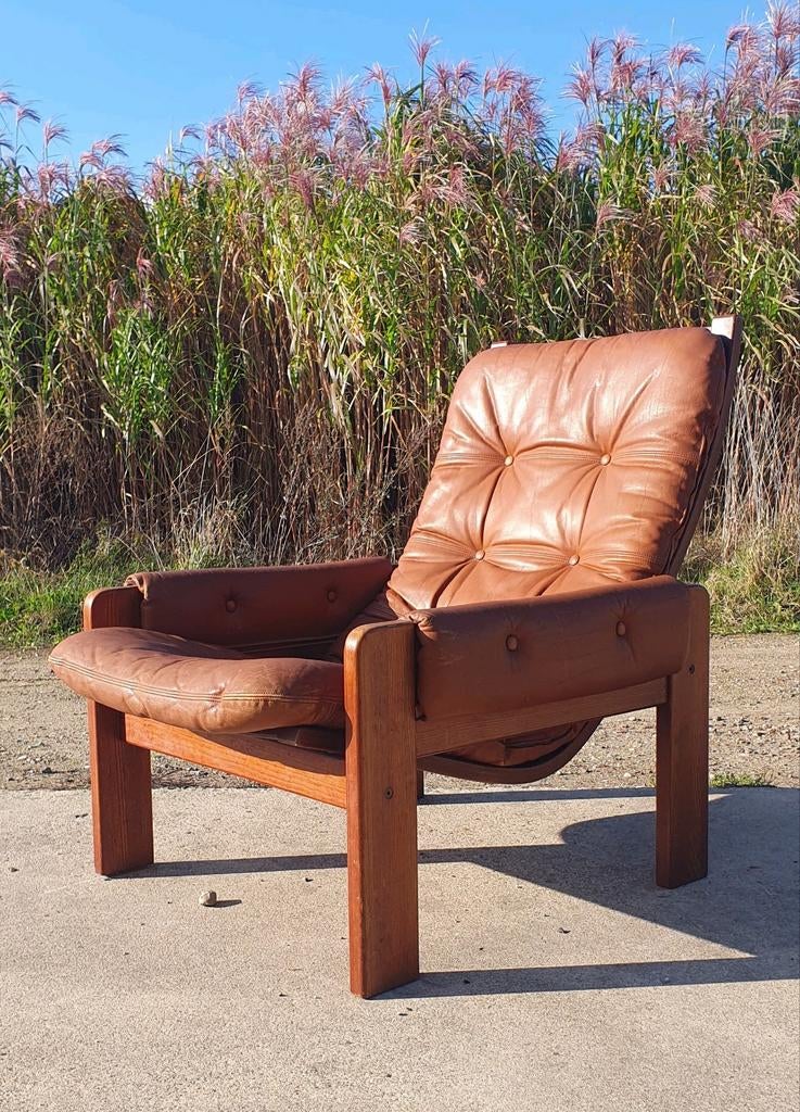 Vintage deens zweeds design fauteuil bruin, Ophalen, Gebruikt, 50 tot 75 cm, Leer