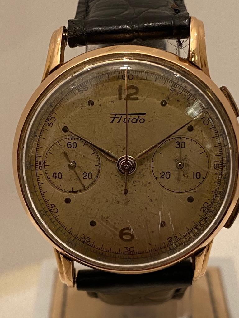 Vintage Fludo Chronograph 18 Karaat Goud Horloge Handopwind, Overige merken, Met bandje, Polshorloge, 1930 tot 1960
