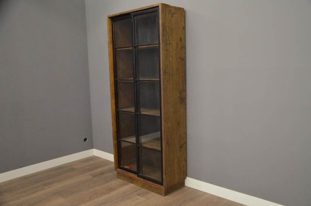 Teak vitrinekast met schuifdeuren 90 cm - Industrieel, 200 cm of meer, Teakhout, Nieuw, 25 tot 50 cm