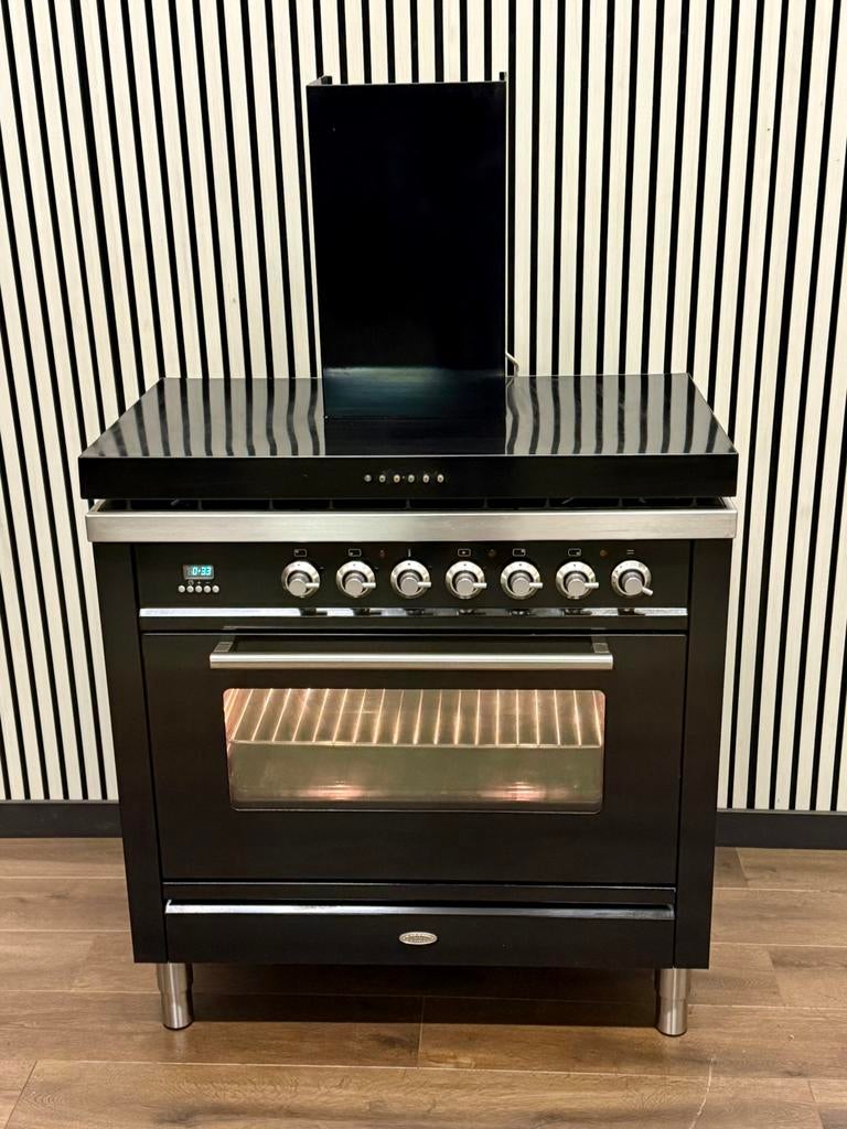 Luxe Boretti Fornuis zwart hoogglans Incl. Afzuigkap 90 cm, Fornello Esperta, Ophalen of Verzenden, Zo goed als nieuw, Energieklasse A of zuiniger
