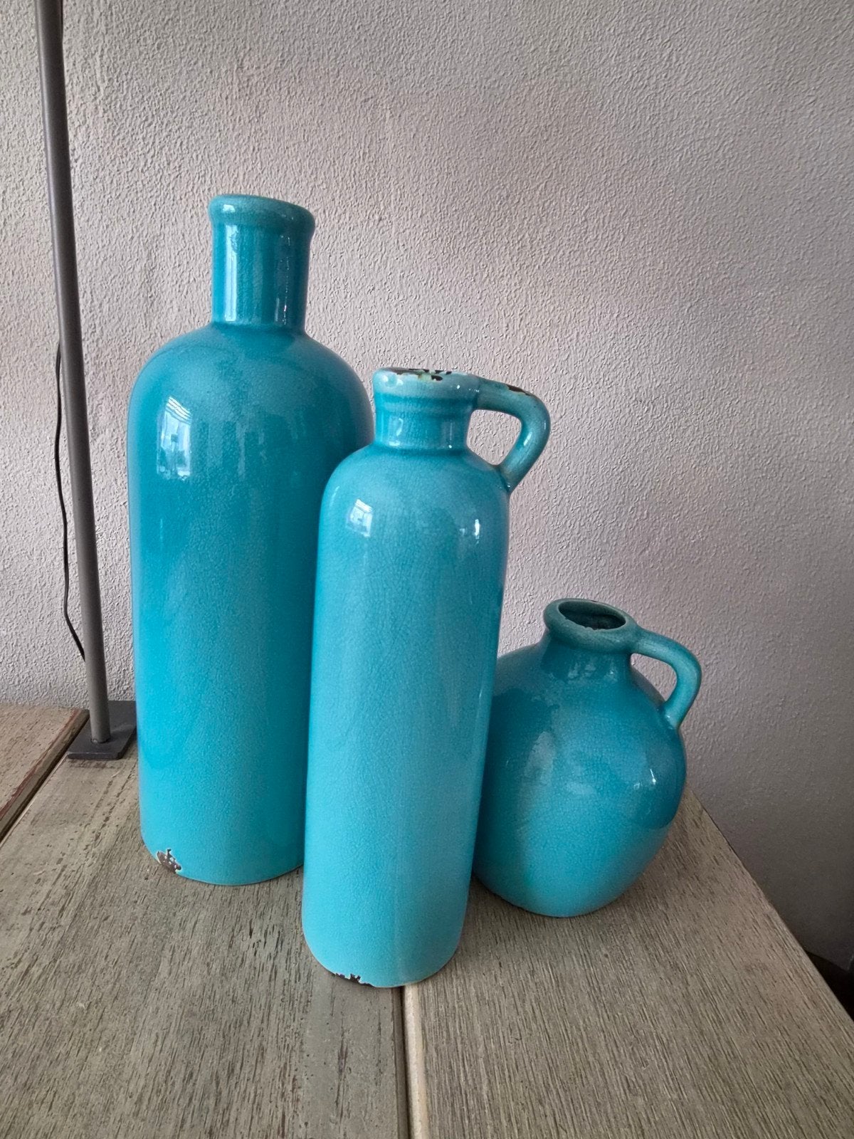 Set van 3 turquoise decoratieve vazen/kruiken, Ophalen