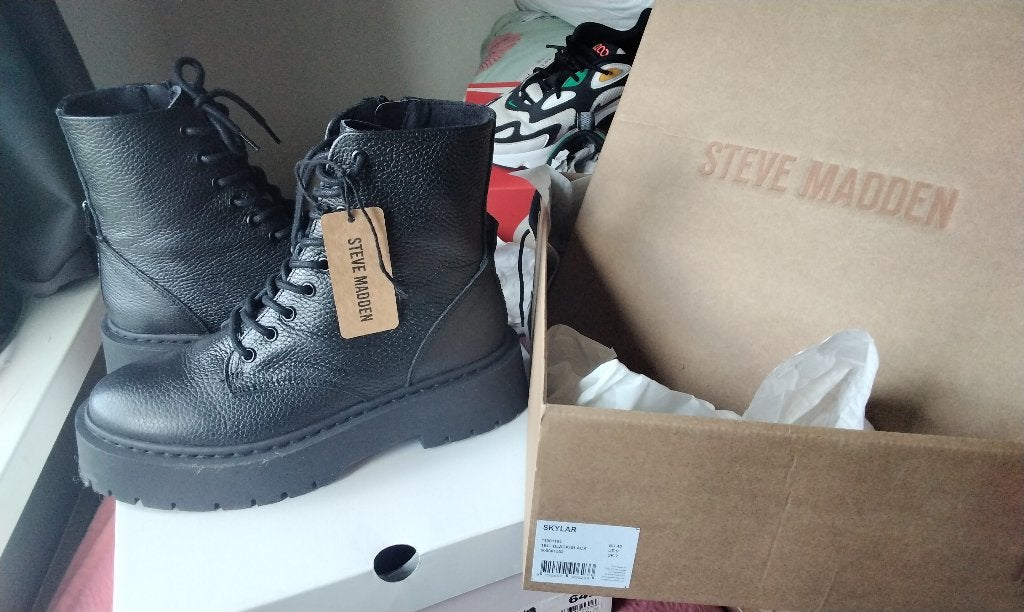 NIEUW Steve Madden Skylar Veterboots Stoer Zwart Leer mt 40, Zwart, Lage of Enkellaarzen, Steve Madden, Nieuw