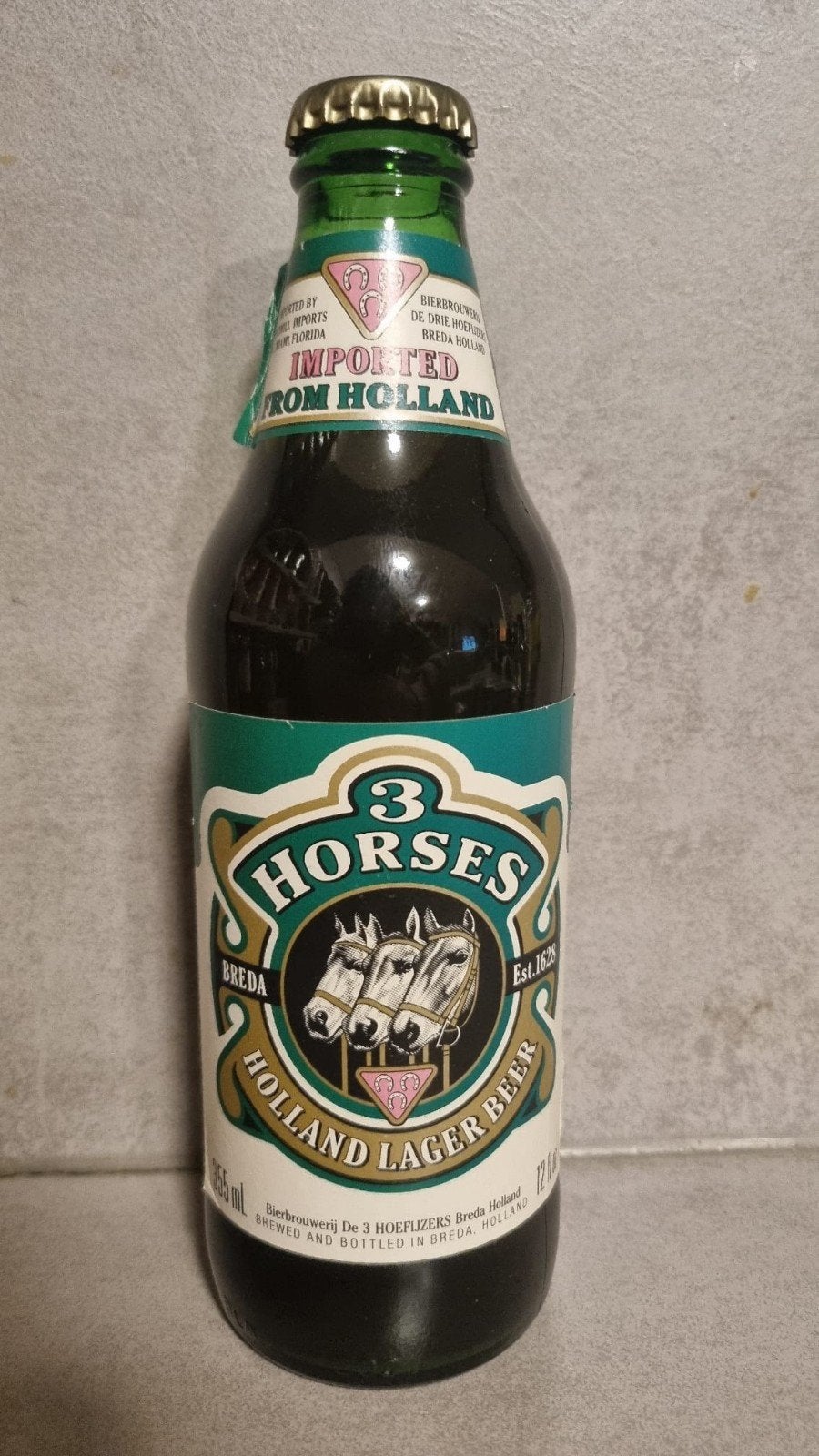 3 Horses - De 3 Hoefijzers - Miami Import - 355ml - geen tht, Verzamelen, Ophalen of Verzenden, Zo goed als nieuw, Flesje(s), Overige merken
