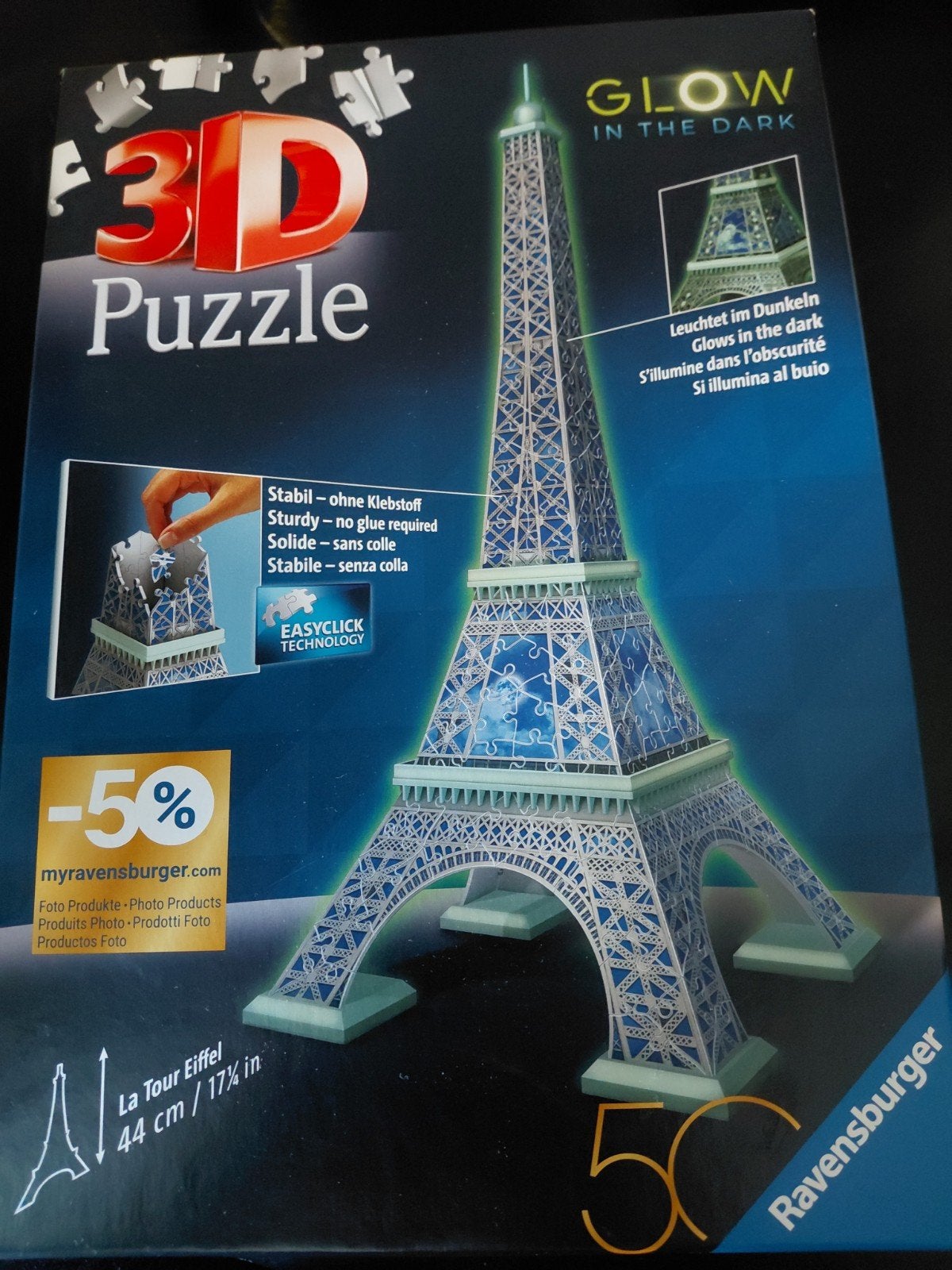Ravensburger 3D Glow in the Dark Eiffeltoren puzzel, Hobby en Vrije tijd, Ophalen of Verzenden, Minder dan 500 stukjes, Zo goed als nieuw
