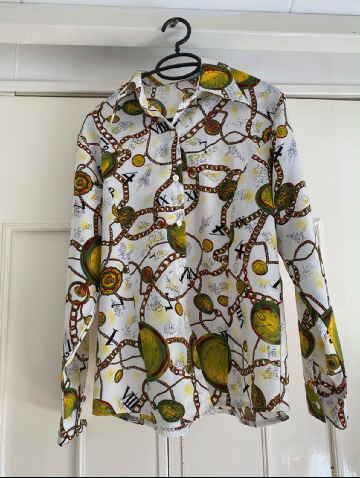 Vintage Blouse met Ketting- en Klokkenprint, Maat 38/40 (M), Wit, Ophalen of Verzenden, Lange mouw