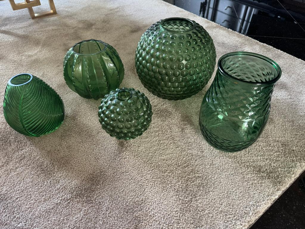 5 groene glazen vazen verschillende maten, Ophalen, Minder dan 50 cm, Groen, Glas