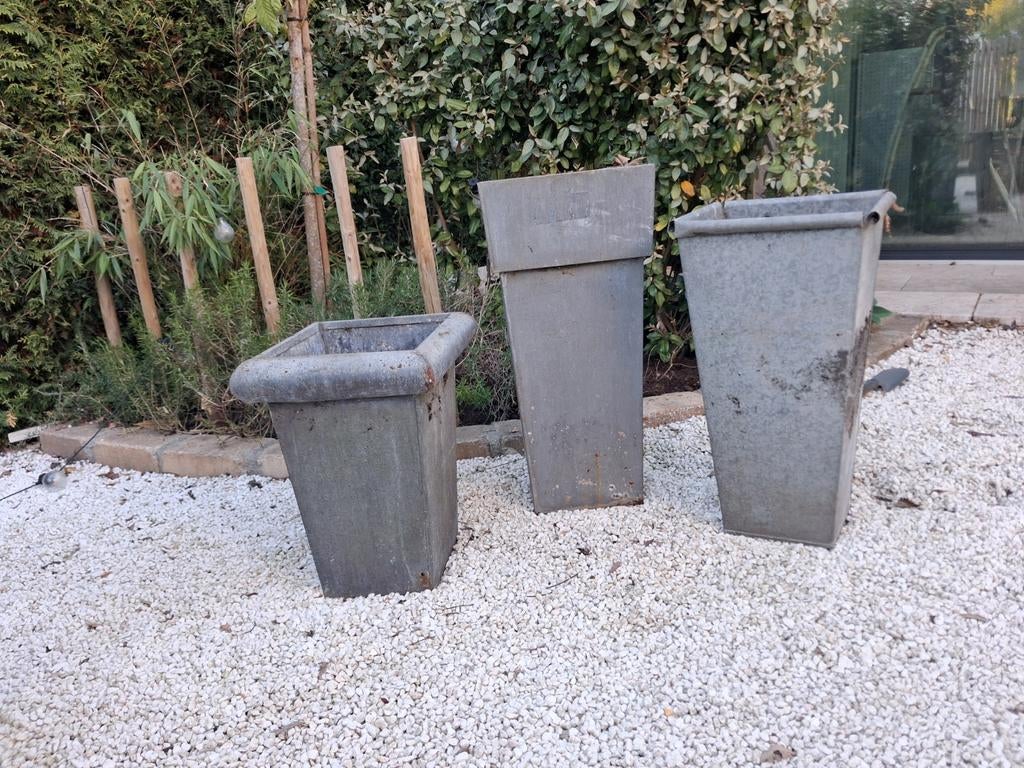 Zinken plantenbakken drie plantenbak grote, Gebruikt, Vierkant, Ophalen of Verzenden, Metaal