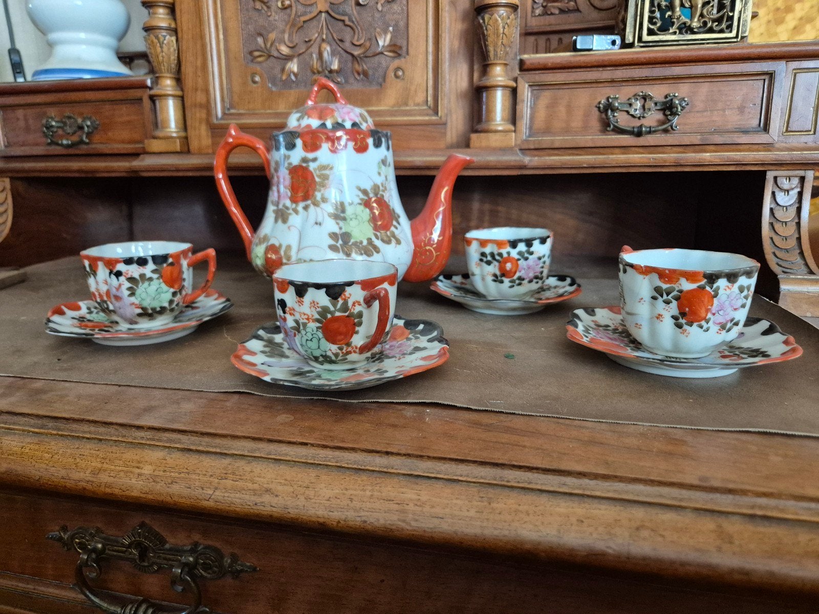 Antiek Japans theeservies met geisha en bloemmotief, Antiek en Kunst, Ophalen of Verzenden