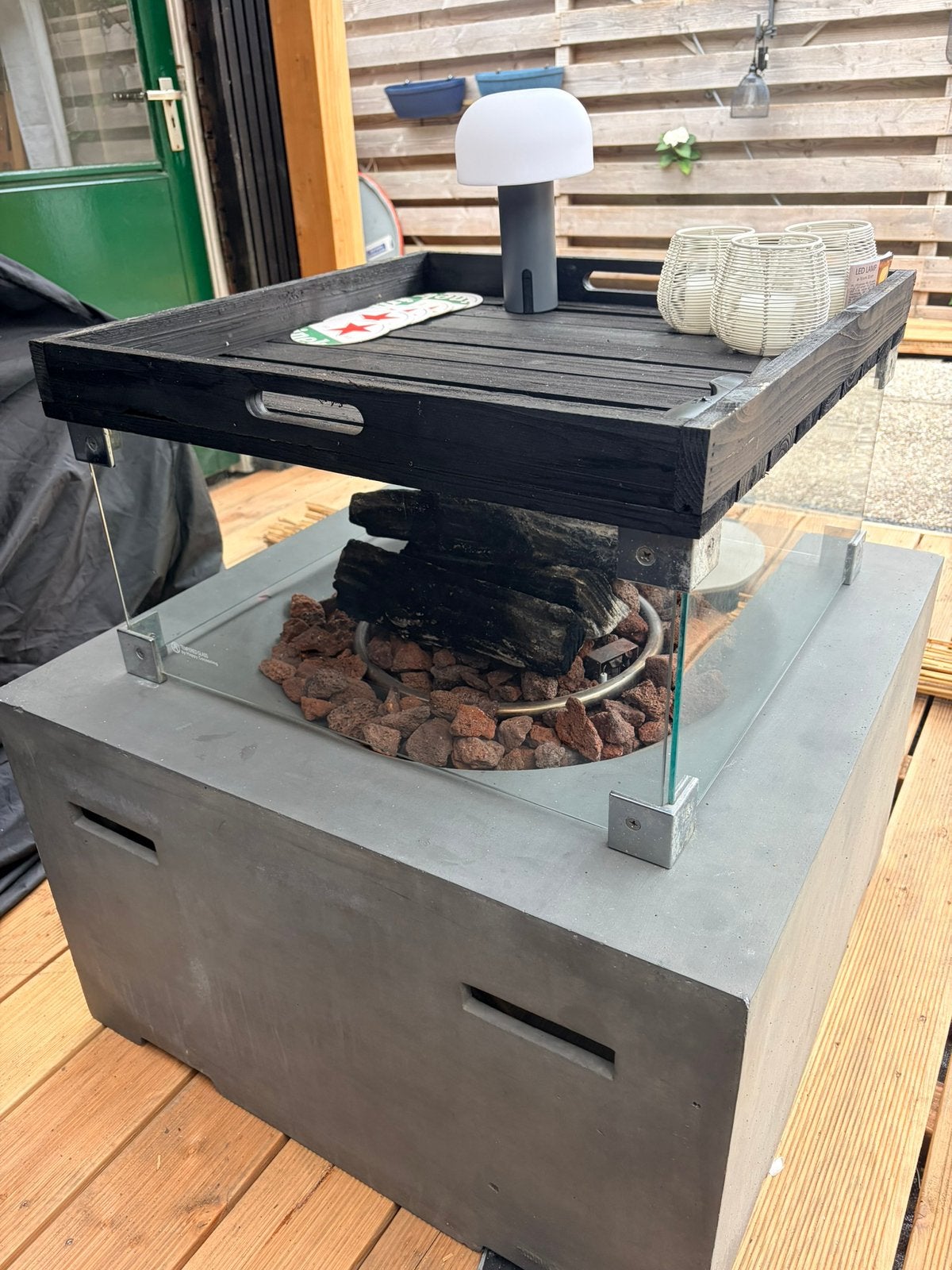 Aangeboden, Cosi vuurtafel met glasombouw, gastank,afdekhoes, Ophalen, Gebruikt