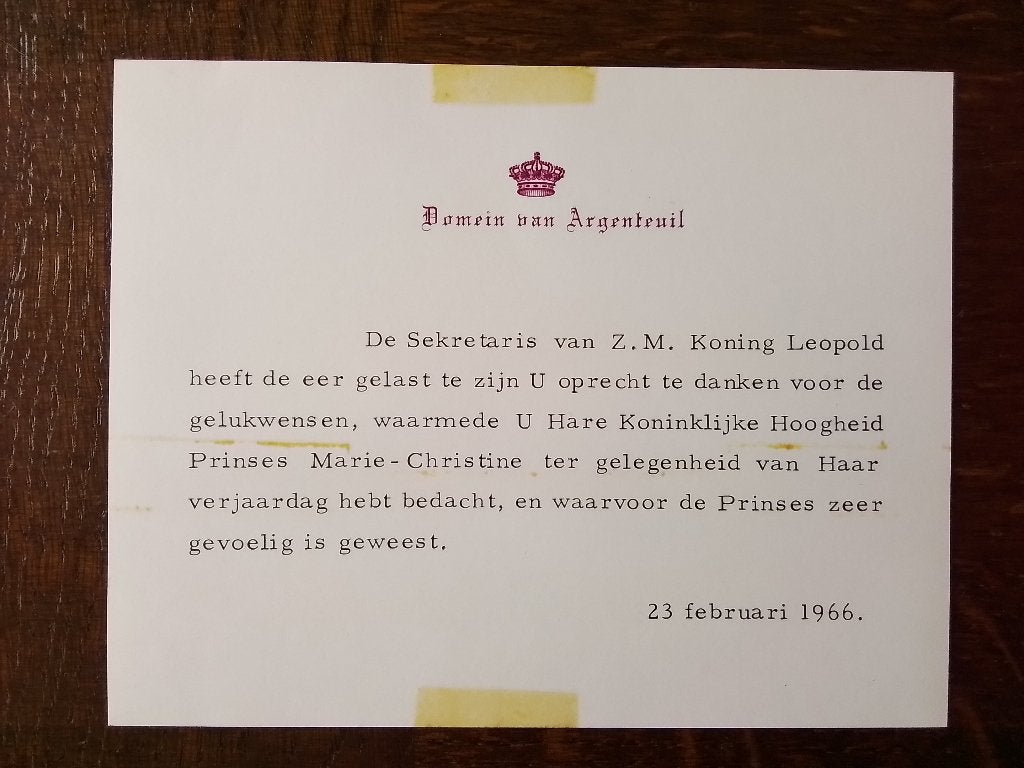 Verjaardagbedankje van Prinses Marie-Christine van  België., Verzamelen, Verzenden, Gebruikt, Buitenland, Kaart, Foto of Prent