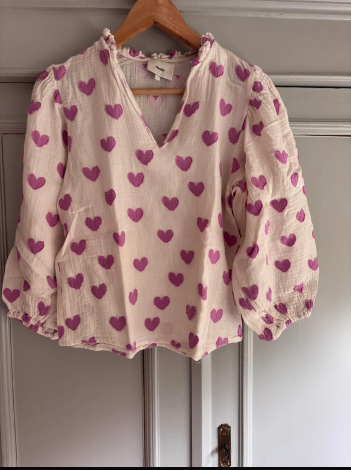 Shoeby zgan leuke blouse wit met roze hartjes maat S, Ophalen of Verzenden, Zo goed als nieuw, Maat 38/40 (M), Wit