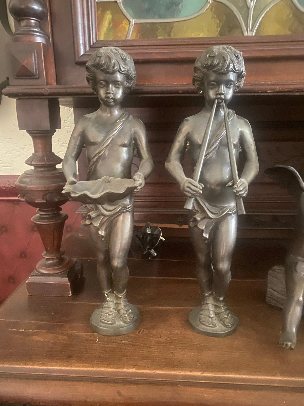 Twee bronzen beelden van putti met muziekinstrumenten, Antiek en Kunst, Kunst | Beelden en Houtsnijwerken, Ophalen, Groep mensen