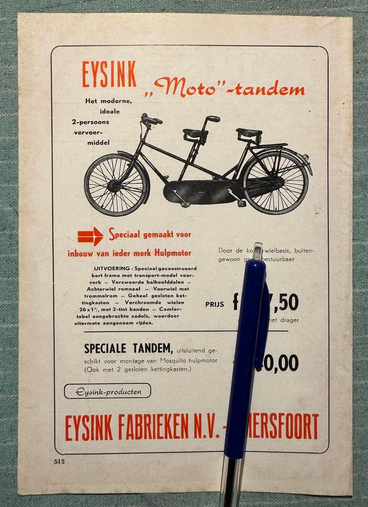 Advertentie Eysink Moto tandem, Verzamelen, Ophalen of Verzenden, Zo goed als nieuw, Motoren