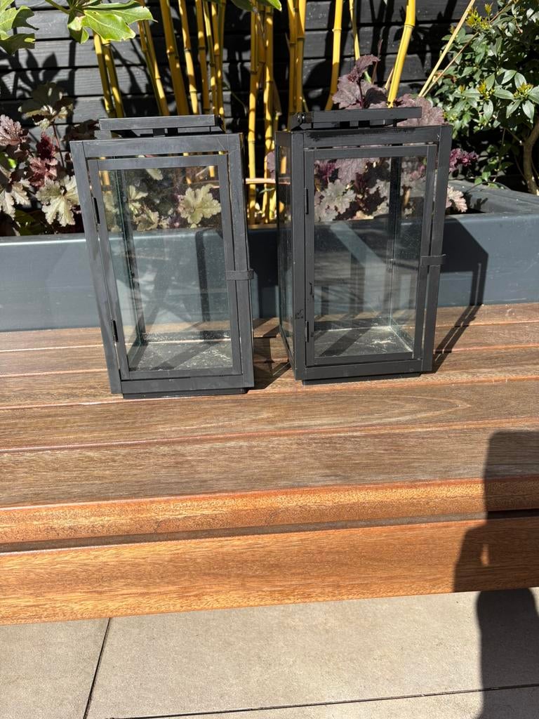 2 zwarte glazan lantaarns voor binnen of buiten, Ophalen, Gebruikt