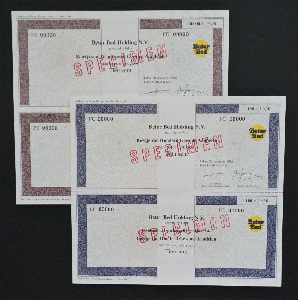 Beter Bed Holding N.V. - Uden 1996  2x, Verzenden, 1970 tot heden, Certificaat van aandeel