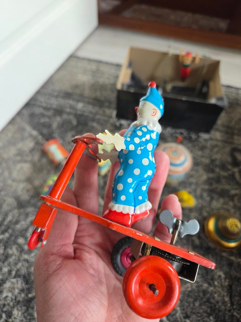 Vintage Opwindbaar Blikken Speelgoed Clown op Driewieler, Ophalen of Verzenden