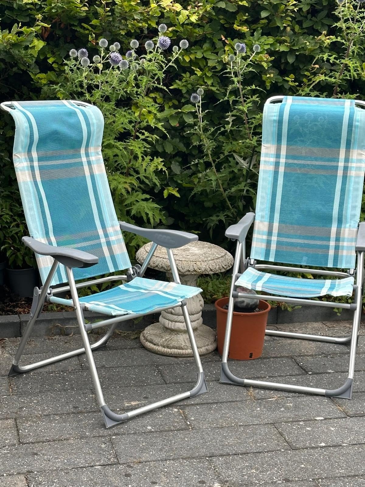 Camping stoelen set - Blauw/Wit Geruit, Ophalen, Gebruikt, Aluminium, Verstelbaar